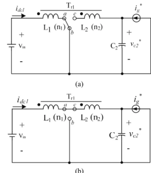 Fig. 4. Two structures of the right-side converter. (a) T 1  is on and 