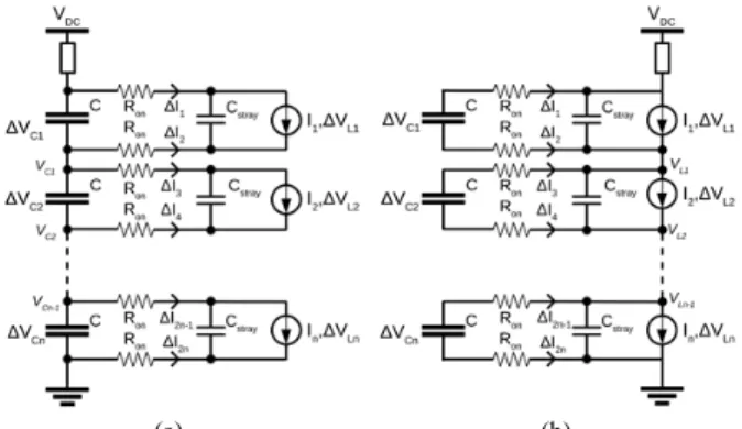 Fig.  9.  Electric  diagrams  for  model  II.  (a)  Capacitor  stacking  topology. (b) Load stacking topology
