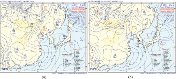 Fig.  2.    Surface  weather  map (including dust observation information as a red circles) during Asian dust event in this  study: (a) 18 KST APR 07, 2013 and (b) 12 KST APR 09, 2013.