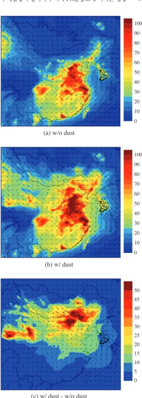 Fig. 6.   A spatial distribution of annual simulated PM 10 concentration (a) without dust and (b) with dust