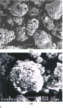 Fig. 3. SEM images of (a) general fly ash (FA), (b) unburned carbon, (c) 5-AAFA, and (d) 6-AAFA