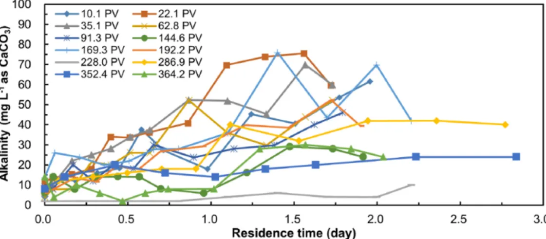 Fig. 3. Normalized nitrate concentration (C/C 0 ) with respect to the residence time within the column over the experimental period.