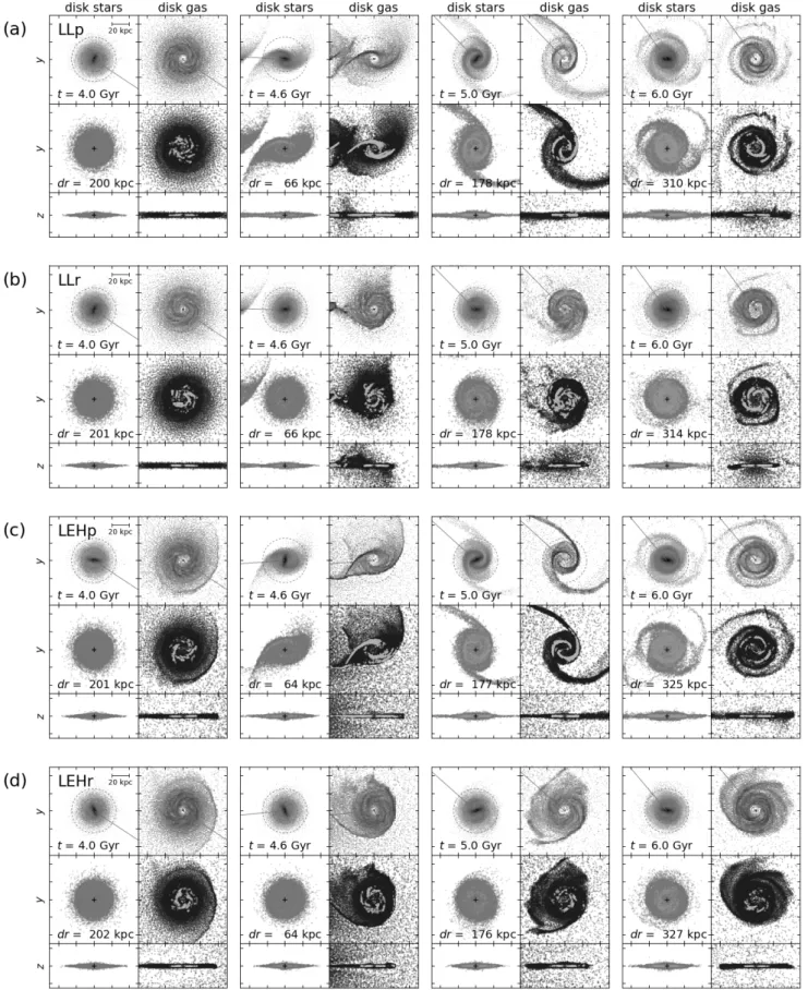Figure 6. Same as Figure 3, but for runs LLp (a), LLr (b), LEHp (c), and LEHr (d). The snapshots presented here include disk particles captured by the target galaxy from the companion galaxy, if any