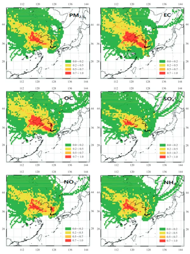 Fig. 7. PSCF results for PM 2.5 , EC, OC, SO 4 2- , NO 3 - , and NH 4 +  in winter. 112 120  128 136 144112 120  128 136 144112 120  128 136 144112 120  128 136 144112 120  128 136 144112 120  128 136 144112 120  128 136 144112 120  128 136 144112 120  128
