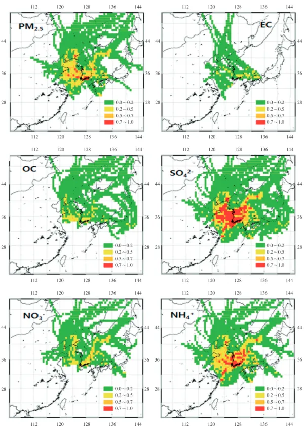 Fig. 8. PSCF results for PM 2.5 , EC, OC, SO 4 2- , NO 3 - , and NH 4 +  in summer.0.0~0.20.2~0.50.5~0.70.7~1.00.0~0.20.2~0.50.5~0.70.7~1.00.0~0.20.2~0.50.5~0.70.7~1.0 0.0~0.20.2~0.50.5~0.70.7~1.00.0~0.20.2~0.50.5~0.70.7~1.00.0~0.20.2~0.50.5~0.70.7~1.04436