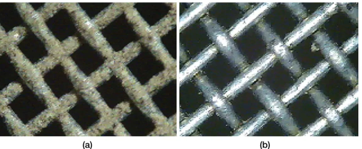 Fig. 11. Metal mesh with captured particles (a) upflow side, (b) downflow side. 