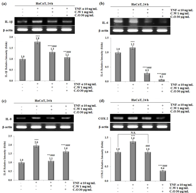 Fig. 3. Effects of chamomile extracts on IL-1β, IL-6, IL-8 and COX-2 mRNA expression levels in HaCaT cells