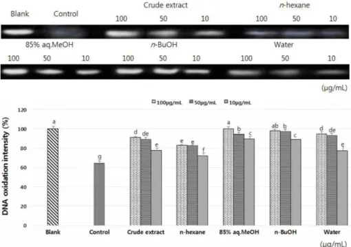 Fig. 6. Antioxidant effects of crude extract and its solvent fractions from Atriplex gmelini on genomic DNA in HT-1080 cells