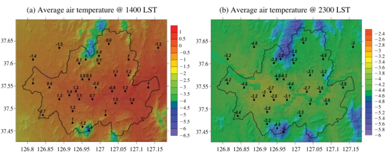 Fig. 4. Spatial distribution of the air temperature by LAPS (a) in the daytime at 1400 LST, and (b) in the nighttime at 2300 LST