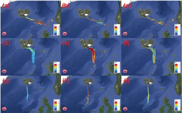 Fig. 4. MODIS retrieved AOT 11 (left), layer height (middle), and effective radius (right)_for (a, b, c) 16 April 2010 UTC11:35, (d, e, f) 6 May 2010 UTC11:55, and (g, h, i) 11 May 2010 UTC13:50, respectively.