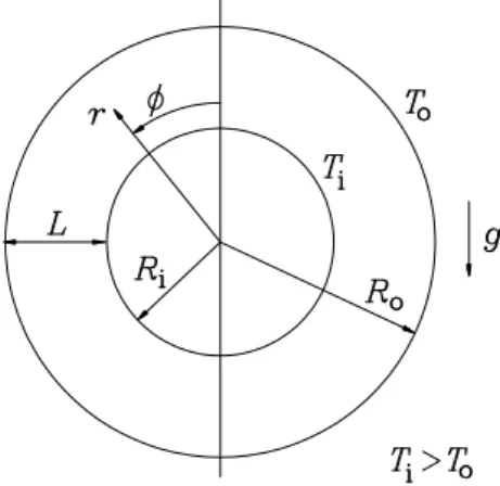 Fig. 1 Problem configuration 보였다 . 여기에서는  일정온도  벽면을  가지고  있는  환형공간에서 의  자연대류에서     인  유체(물)를  고려하여  새로운  해 의  존재를  조사하였다