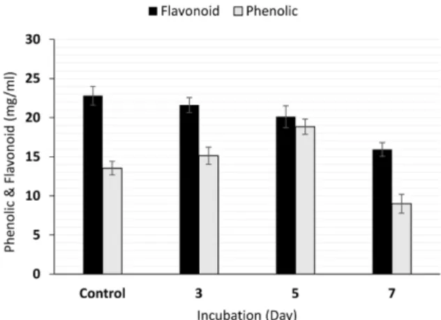 Fig. 2. Total phenolic and flavonoid content during fermentation of S. japonica using A
