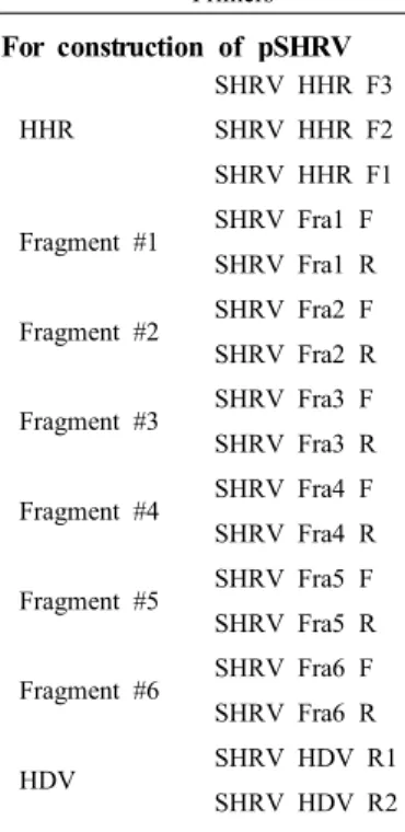 Table  1.  Primers  used  in  this  study Primers Sequence  (5’-3’)   For  construction  of  pSHRV HHR SHRV  HHR  F3 CGCGGGAATTCGATTACCGGTTGATACCTGATGAGTCCGTGAGGACGSHRV  HHR  F2CTGATGAGTCCGTGAGGACGAAACGAGTAAGCTCGTC SHRV  HHR  F1 GAGTAAGCTCGTCGTATCAAAAAAGAT