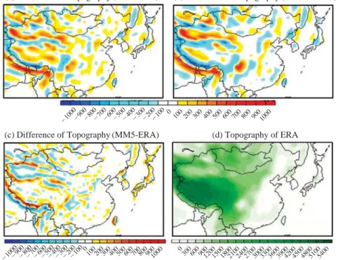 Fig. 5. (a) NRA-ERA, (b) CCSM3-ERA and (c) MM5-ERA are difference of topography. (d) is topography of ERA