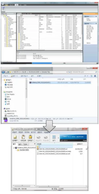 그림 11 파일시스템 분석도구 FISA 메인화면과 WinRAR 포맷기반의 XeBag 증거 파일로 저장한 결과 Fig. 11. A main window of File System Analyzer FISA.