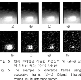 그림 5. 연속 프레임을 이용한 차영상의 예. (a)-(d) 실 제 적외선 영상, (e)-(h) 차영상