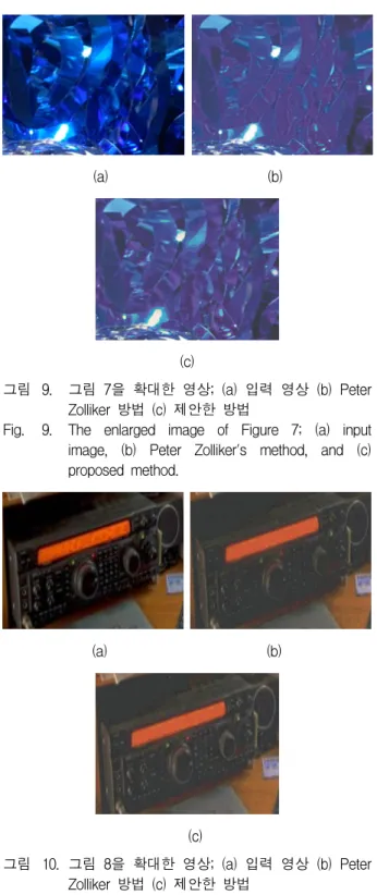 그림 9. 그림  7을  확대한  영상;  (a)  입력  영상  (b)  Peter  Zolliker  방법  (c)  제안한  방법