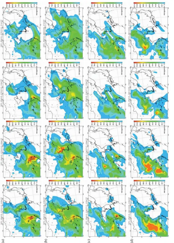 Fig. 6. The spatial distributions of surface PM 10concentrations at 03, 09, 15, 21KST on(a) 10 Feb