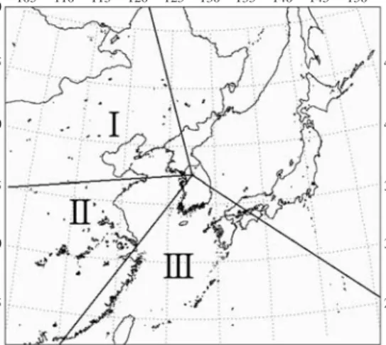Fig. 1. Sub-divided regions for the classification of the air mass pathways.