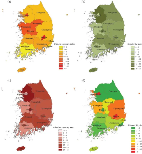 Fig. 4. Regional (a) climate exposure index, (b) sensitivity index, (c) adaptive capacity index and (d) vulnerability index map in the sector of human health.
