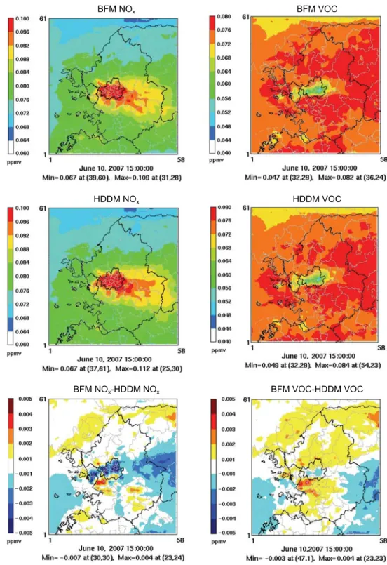 Fig. 10. Episode average ozone predictions after domain-wide NO x (left) and VOC (right) reductions by 40%