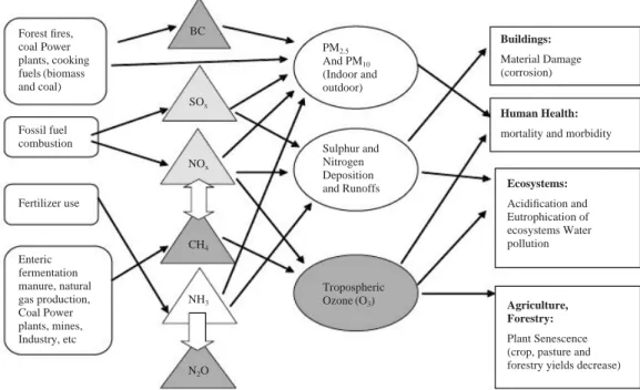 Fig. 1. GHG sources, related pollutants and their end impacts (Bollen et al., 2009).
