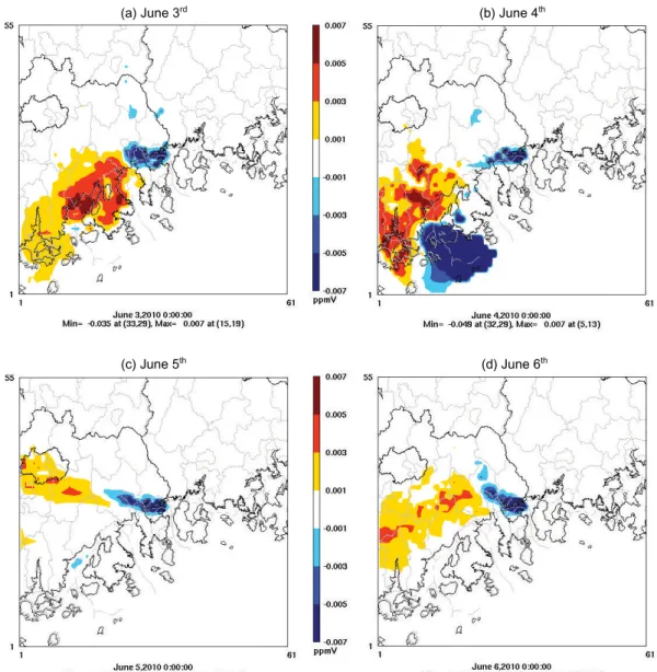 Fig. 10. ZOC of NO x emissions from the Kwangyang industrial complex on daily maximum ozone concentrations for June 3~ ~6, 2010.