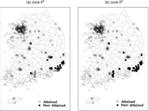 Fig. 3. Daily maximum 1-hr O 3 concentrations observed for (a) June 4 th and (b) June 5 th , 2010