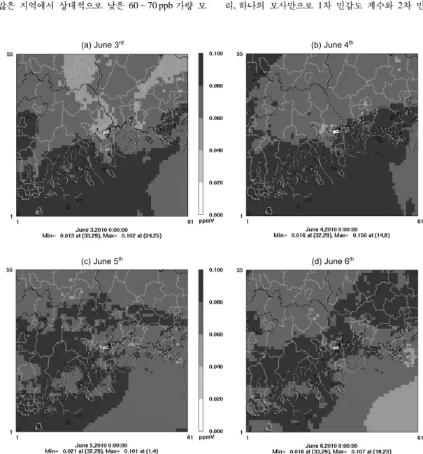Fig. 9. Daily maximum ozone concentration simulated for the selected days; (a) June 3 rd , (b) June 4 th , (c) June 5 th and (d) June 6 th , 2010.