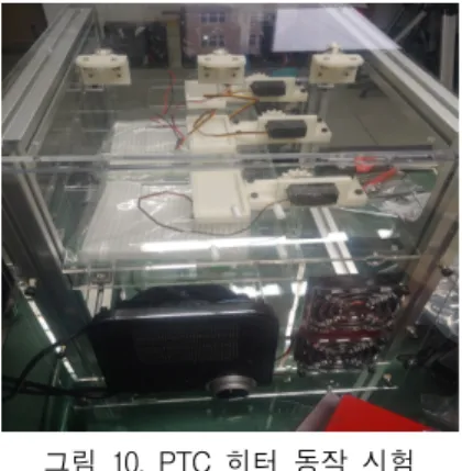 그림  10은  PTC  히터의  동작  시험을  나타낸다.  PTC  히터의  경우는  온도가  상온  10℃ 미만  즉,  9℃  이하의  경우  자동으로  작동을  하며  10℃ 이상이  되는  경우  자동으로  동작이  중지가  된다.