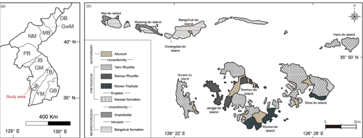 Fig.  1. (a)  The  simplified  tectonic  map  of  the Korean  Peninsula  (after,  Lee  et  al., 2019),  (b)  Geological  map  of  the Gogunsan  Archipelago  (modified  after,  Choi  and  Hwang,  2013)