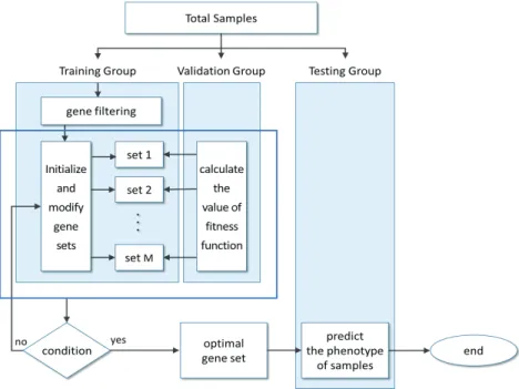 Figure 3.1. Flowchart of the procedure for finding an optimal gene set.  3. 방법 제안 표현형을 예측하는데 사용할 최적유전자집단을 결정하기 위해서 전체 유전자 중 필터링을 거치고 남은 유 전자들을 대상으로 #개의 유전자집단을 만들고 그들의 목적함수값을 비교하며 업데이트하는 과정을 거 친다