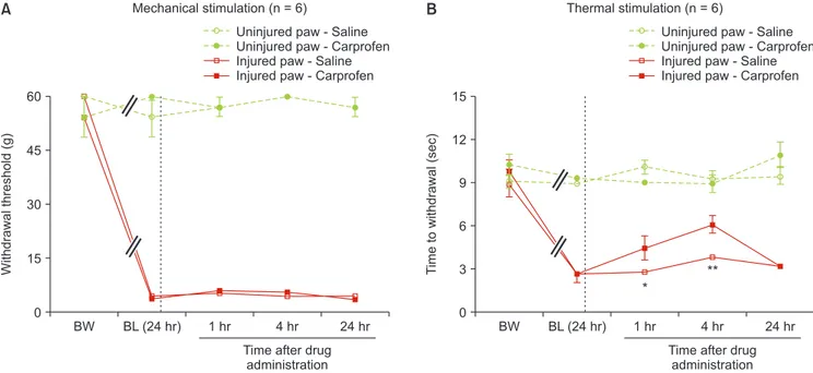 Fig. 4.  The effect of a single dose of carprofen (solid) or saline (open) on responses to von Frey (A) and thermal stimulation (B) in the injured (red) and  uninjured (green) paws (dosing 24 hours post punch biopsy)