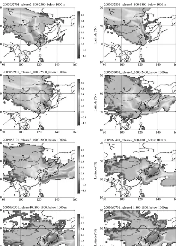 Fig. 3. Backward simulations with FLEXPART for the pollution layers. Color scale indicates the probability that the air parcel could pick up pollution in the corresponding grid cell.