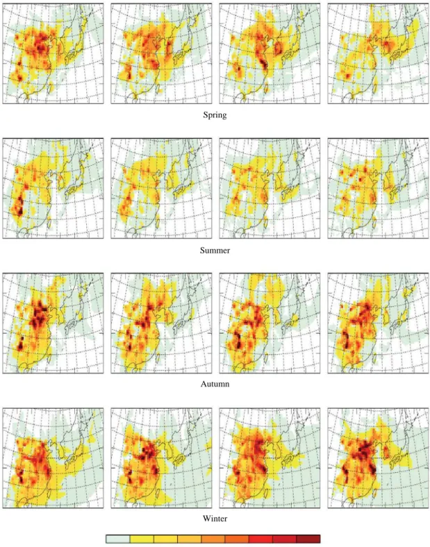 Fig. 3. Simulated surface SO 2 concentrations for four seasons (ppbv).