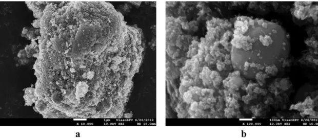 Fig. 5. FE-SEM images of Fe&amp;Cu mixed nanoparticles prepared by EEW at (a) low and (b) high magnification.