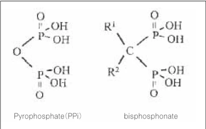 Fig. 1. Structures of bisphosphonate and pyrophosphate.