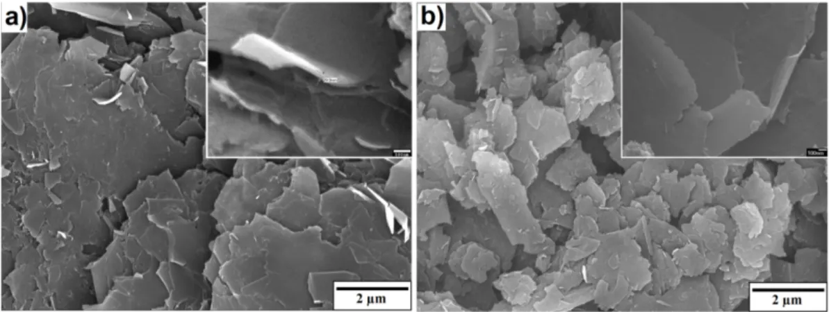 Fig. 1. FE-SEM images of graphite nanoplates (a) after EEW, and (b) after sonication.
