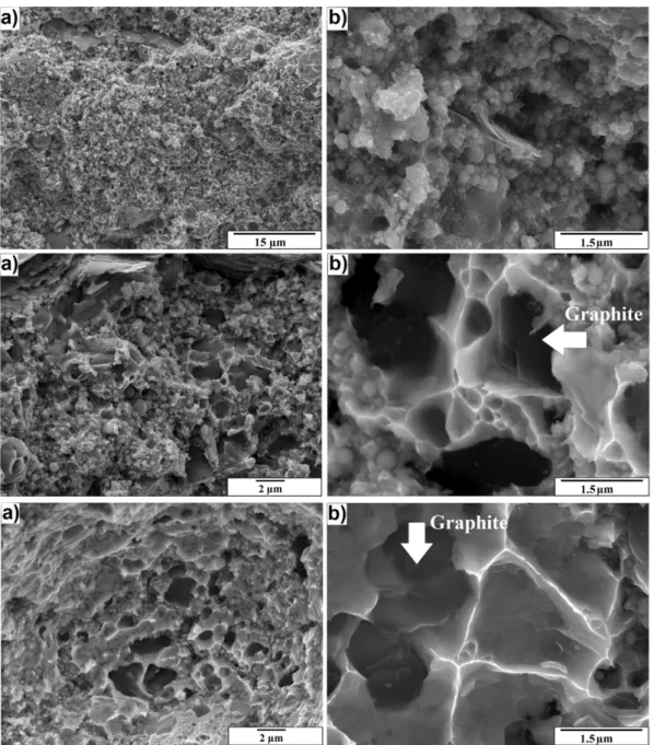 Fig. 5. Fracture surface of the sintered samples with Low and High magnification at (a) and (b) 900  o C, (c) and (d) 1000  o C, (e) and (f) 1100  o C.