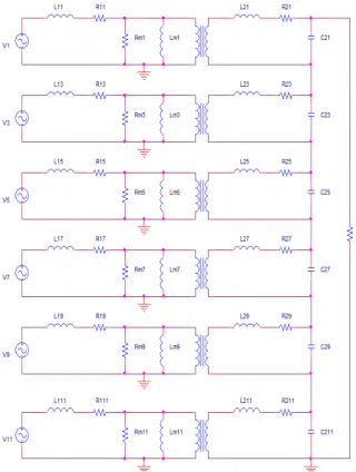 Fig. 2. Fundamental Wave Circuit of High-Voltage Pulse Transformer 등가회로에서 트랜스포머의 누설 커패시터들은 주 파수에 따라 영향이 있으나 2.5kHz 주파수에서는 그 영향이 미비하여 회로에서 생략하였다