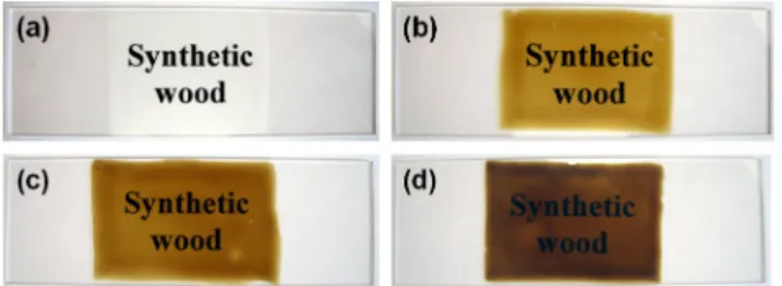 Fig. 4. Synthetic wood films and a cellulose film, placed on  paper with the printed words “synthetic wood” to illustrate  color intensity and transparency