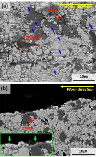 Fig. 6. SEM images showing (a) worn out surface and (b) worn out cross-section of HVOF WC-12Co coating layer.