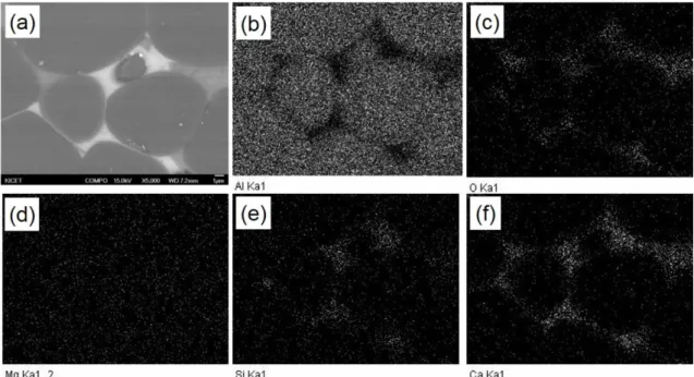 Fig. 8. (a) SEM image and (b~f) EDS mapping of polished AlN-5wt%MCAS specimen sintered at 1,700 o C for 4 h in N 2 .
