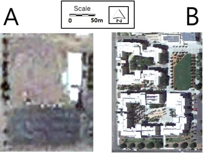 Fig.  8.  Typical  scenes  of  cool  surface  expansion  in  UC  Davis,  A:  2004.07.01,  B:  2013.08.14.