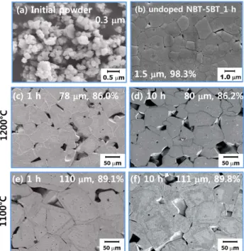 Fig. 2. SEM micrographs of (a) undoped NBT-5BT and (b)–(c) 1.5 mol% Na 2 CO 3 -doped NBT-5BT sintered at 1200°C for 10 h.