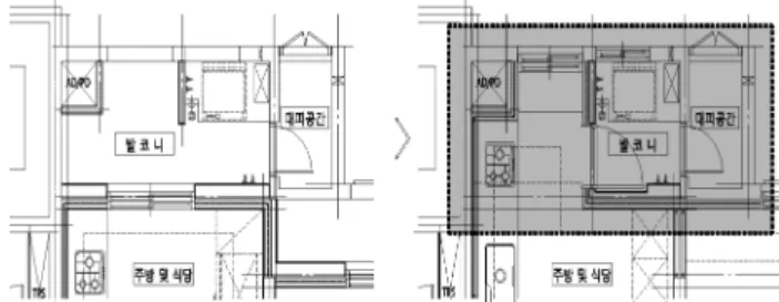 Fig.  10.  Before  and  after  the  expansion  of  the  kitchen  and  dining  room  balcony 5.결론 본 연구는 공동주택 단위세대의 확장형 발코니의 변화 와 아파트 주동의 내외부공간과의 관계성을 분석하면서 건축법의 변화 및 새로운 단위세대계획 등의 여러 요인 에 의해 아파트라는 주거단위가 변화되고 있음을 알아보 았다