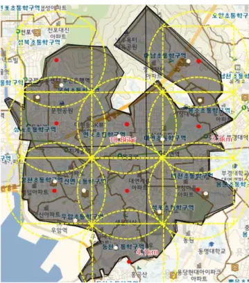 Figure  17.  Relocation  of  Schools  Reflecting  Local  Conditions(Actual  Commuting  Distance,  Number  of  Students,  and  Location  of  Schools)( :  Existing  schools, 