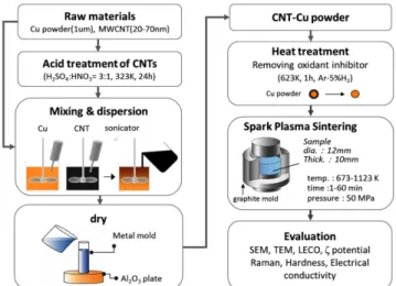 Fig. 1. Experimental procedures of CNT-Cu composite by wet mixing and spark plasma sintering.