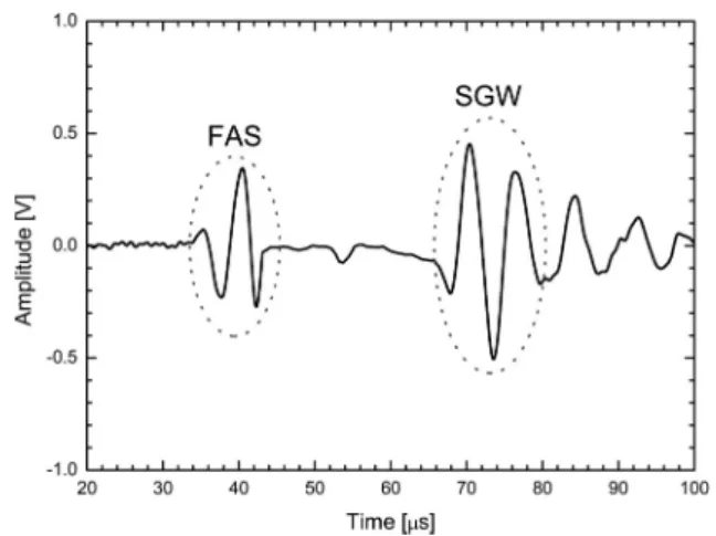 Fig.  3.  Time-domain  signal  of  the  response  at  the  transducer  separation  of  60  mm  in  the  PVC  cortical  bone  mimic  with  a  wall  thickness  of  4.0  mm  and  an  inner  diameter  of  40  mm.
