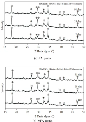 Fig.  10.  SEM  images  of  MFA  or  FA  pastes  at  different  ages